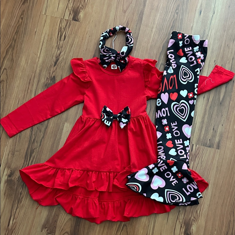 Kids Red Ruffle Dress & Heart-Print Flared Legging Set with headband. NEVERWORN